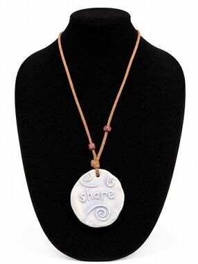 Ceramic "Share" Pendant Necklace Brown Cord Boho Inspirational Statement Jewelry